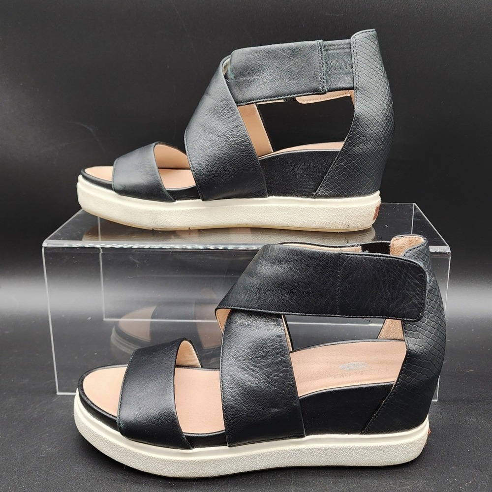 Dr. Scholls 7.5 Black Leather Scout High Wedge Sandal Athleisure Comfort Modern